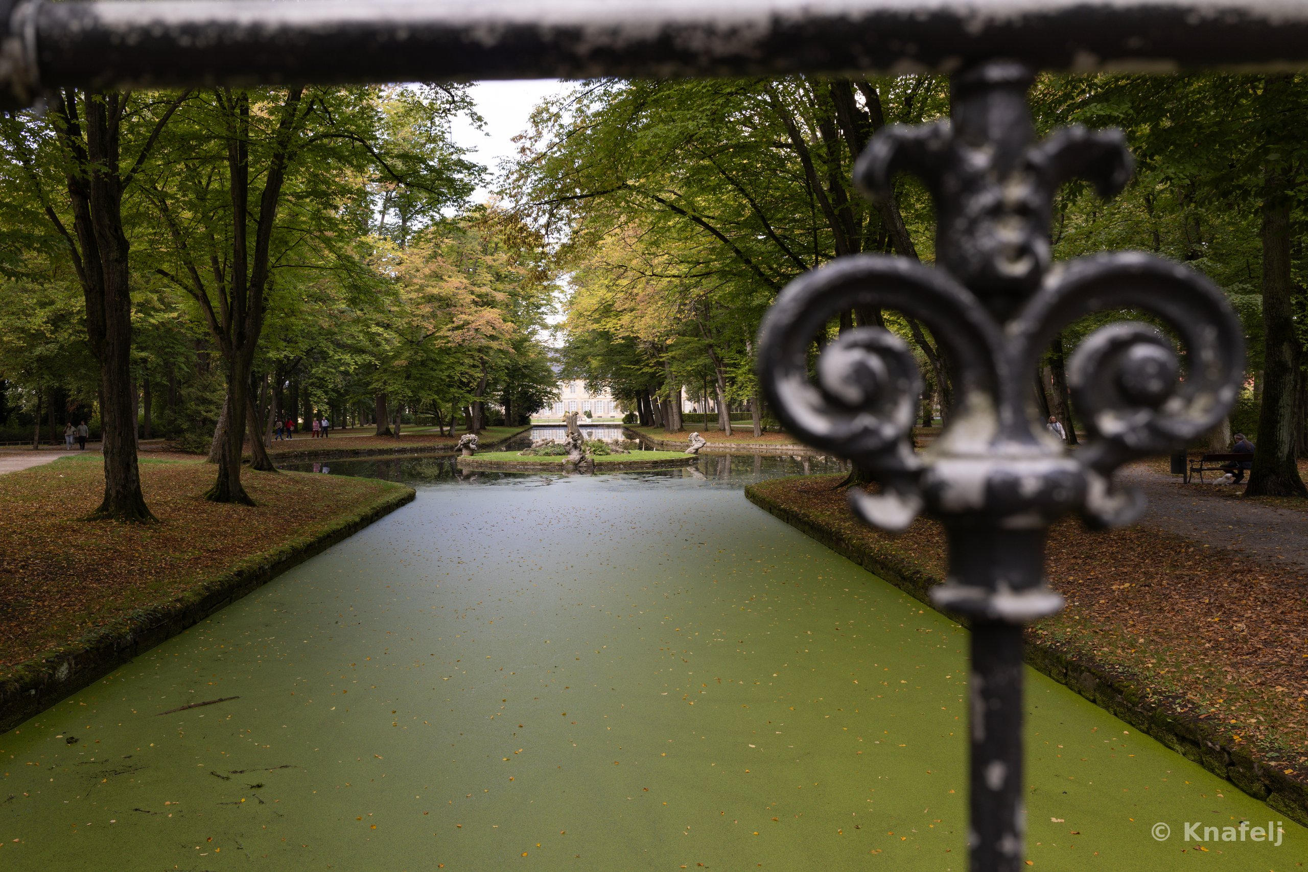 View along a narrow rectangular canal covered in bright green duckweed, bordered by stone edges and tall trees, with a black iron fence ornament in the right foreground and a building visible far in the distance.