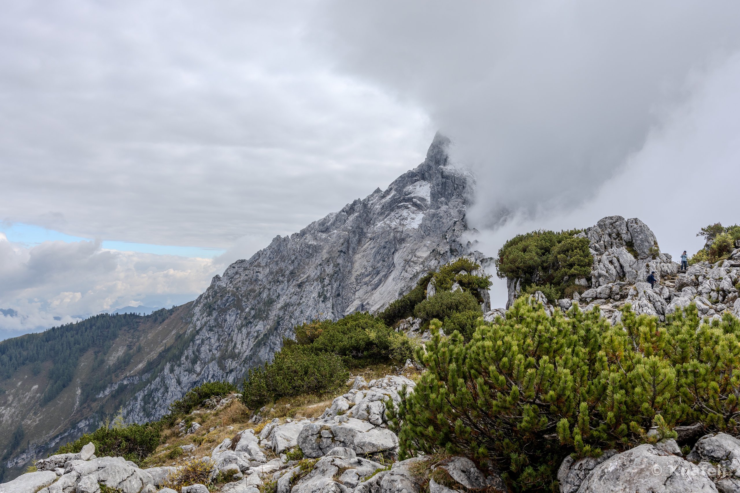 A craggy gray mountain peak partially shrouded in clouds, with green shrubs and pale rocks on a ridge in the foreground under an overcast sky.