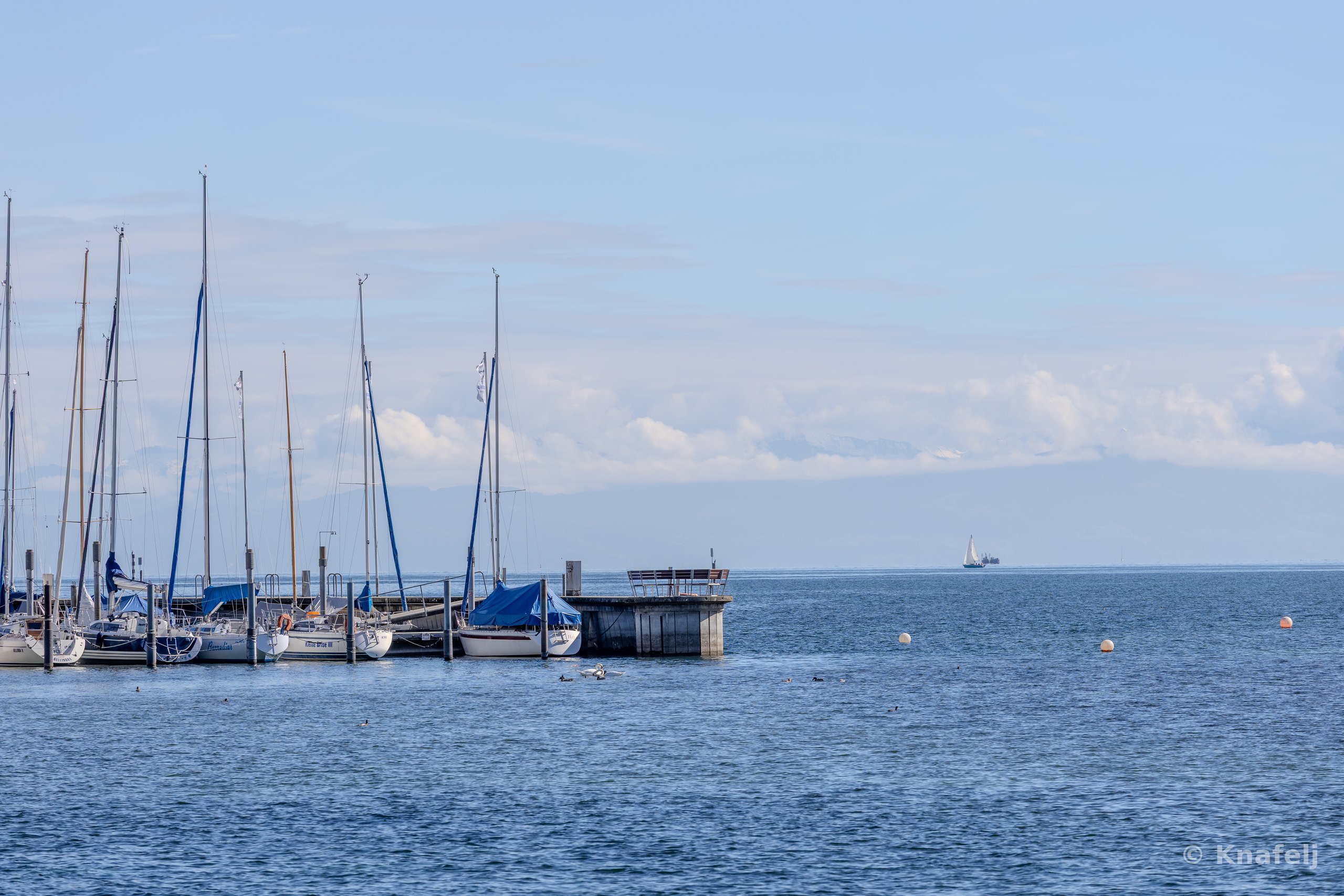 A marina with several moored sailboats and tall masts on the left, a small concrete dock structure, and calm blue water stretching to the horizon where a distant sailboat is visible under a partly cloudy sky.
