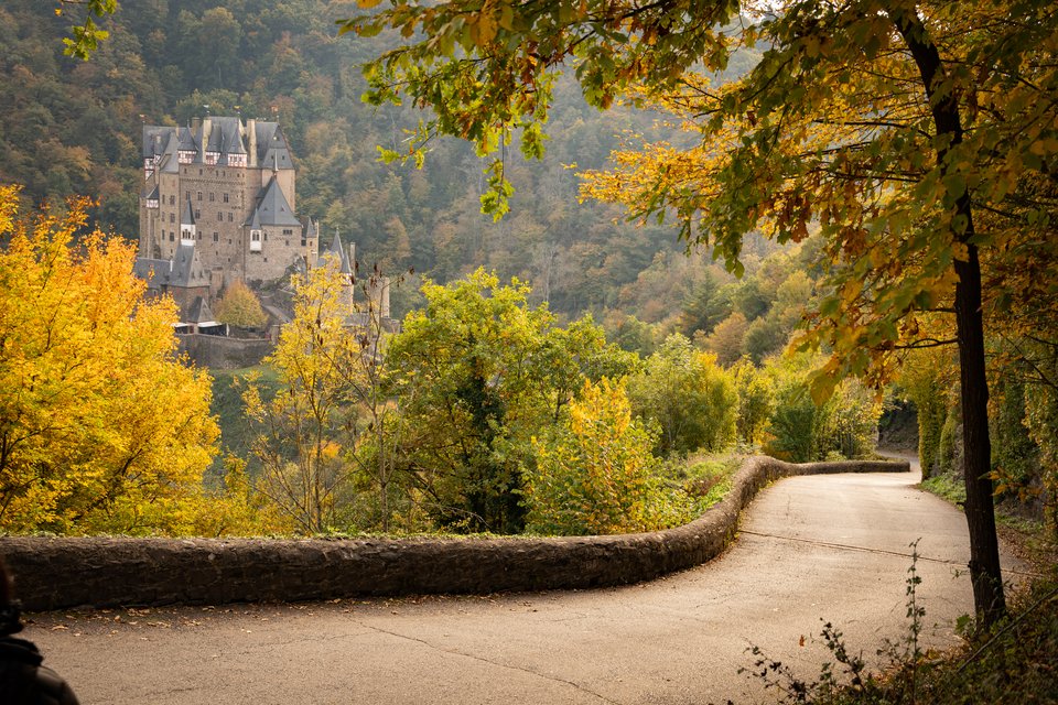 A fairytale-like stone castle on a hill surrounded by trees with green and yellow autumn foliage, while a paved road bordered by a low stone wall winds through the foreground.