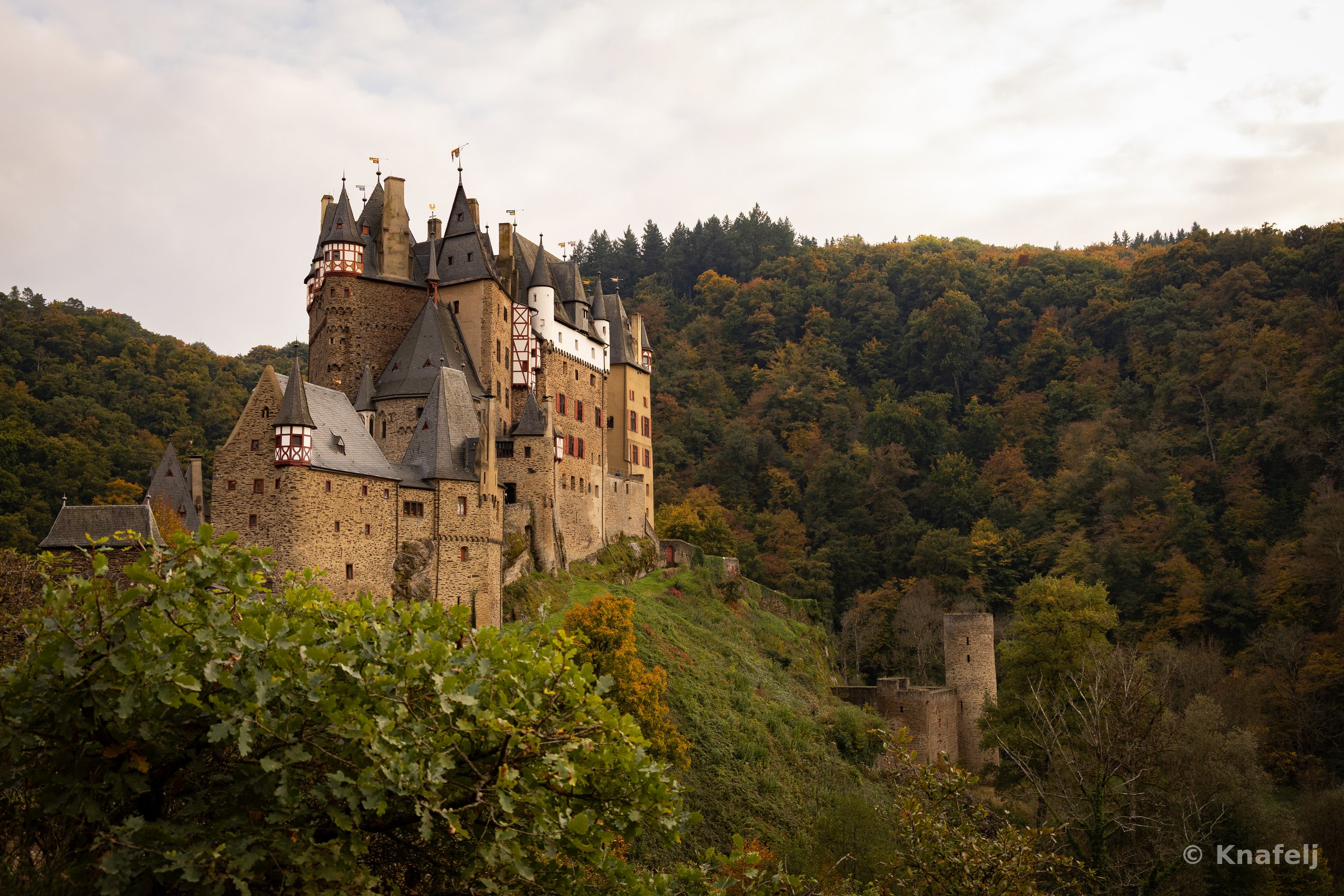 A large medieval German castle with multiple spires and stone towers set on a wooded hill, surrounded by green and autumn-colored forest under a cloudy sky.