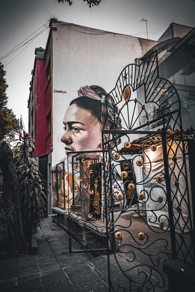 A large mural of a woman's face painted on a white building wall, partially seen through a black wrought-iron gate with gold flower accents. A red building and dry plants are nearby on a gray cobblestone street.