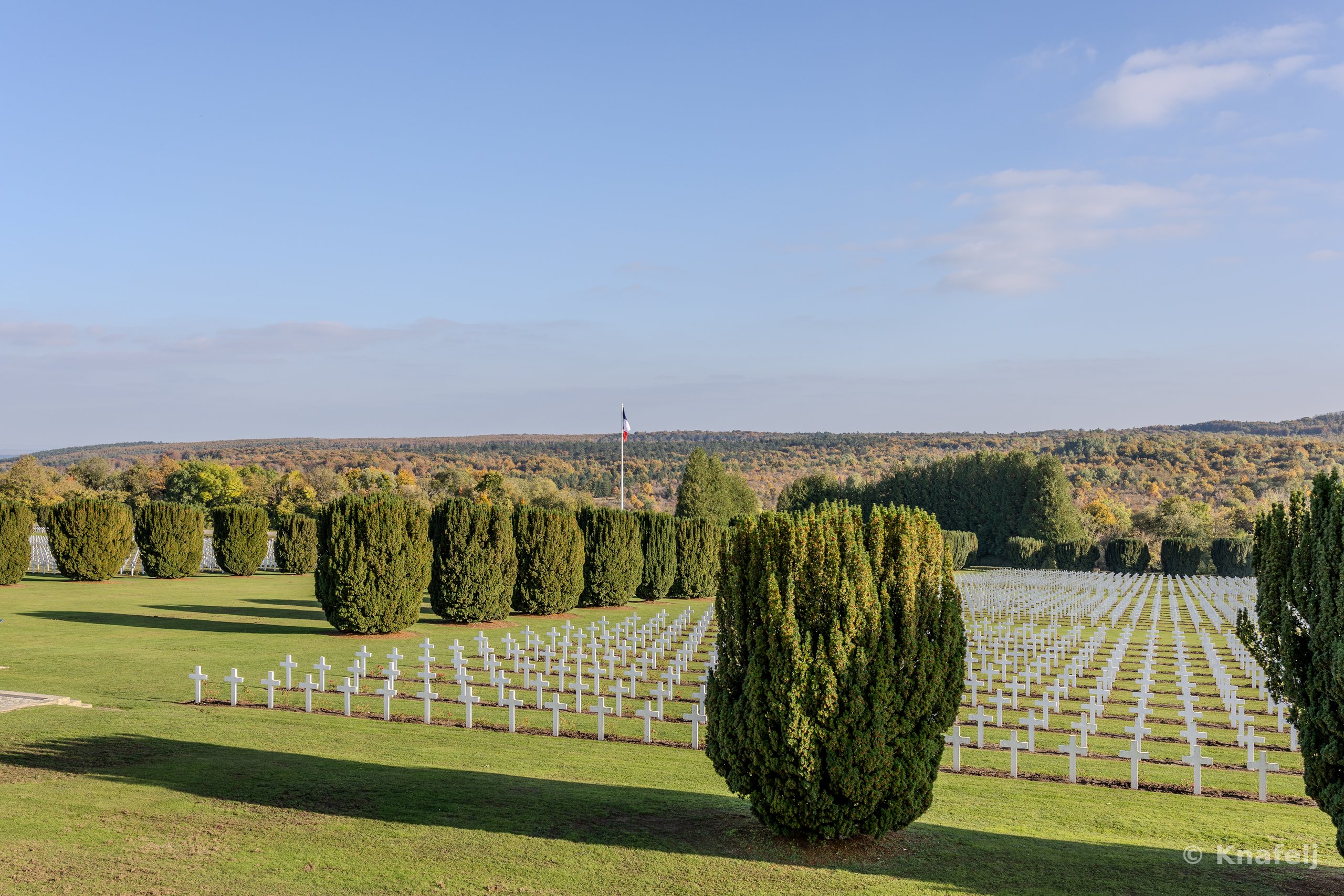 A war cemetery with many white crosses laid out in rows on green grass, separated by rounded evergreen shrubs, with a French flag and tree-covered hills under a blue sky in the background.