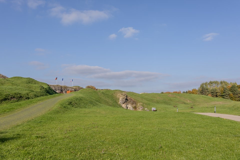 Green grassy hills under a bright blue sky with scattered clouds, with three flags flying on a distant ridge and a paved path curving through the landscape near a line of trees.