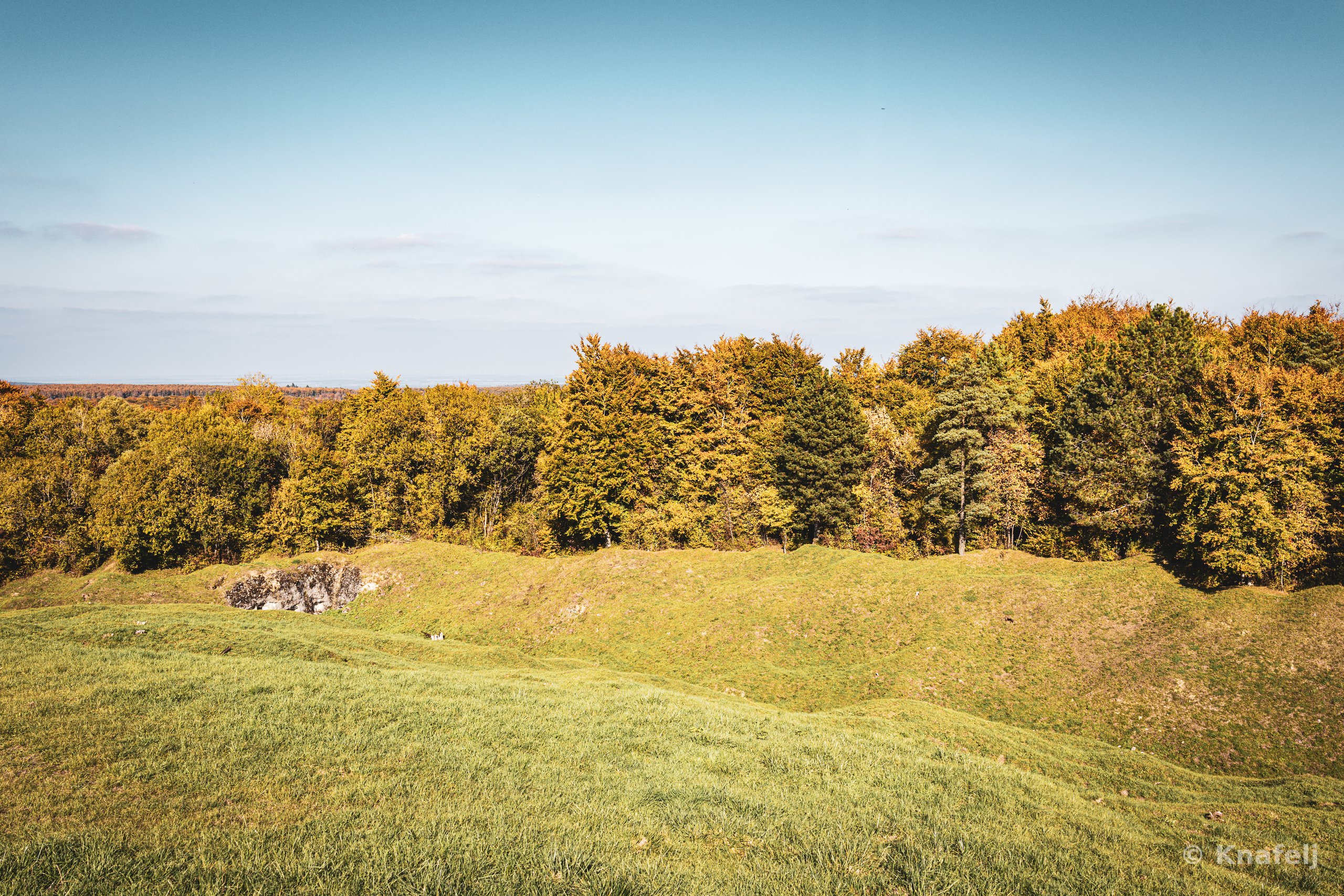 A grassy hillside in the foreground leading up to a line of trees in green, orange, and yellow autumn foliage, under a pale blue sky with faint clouds.