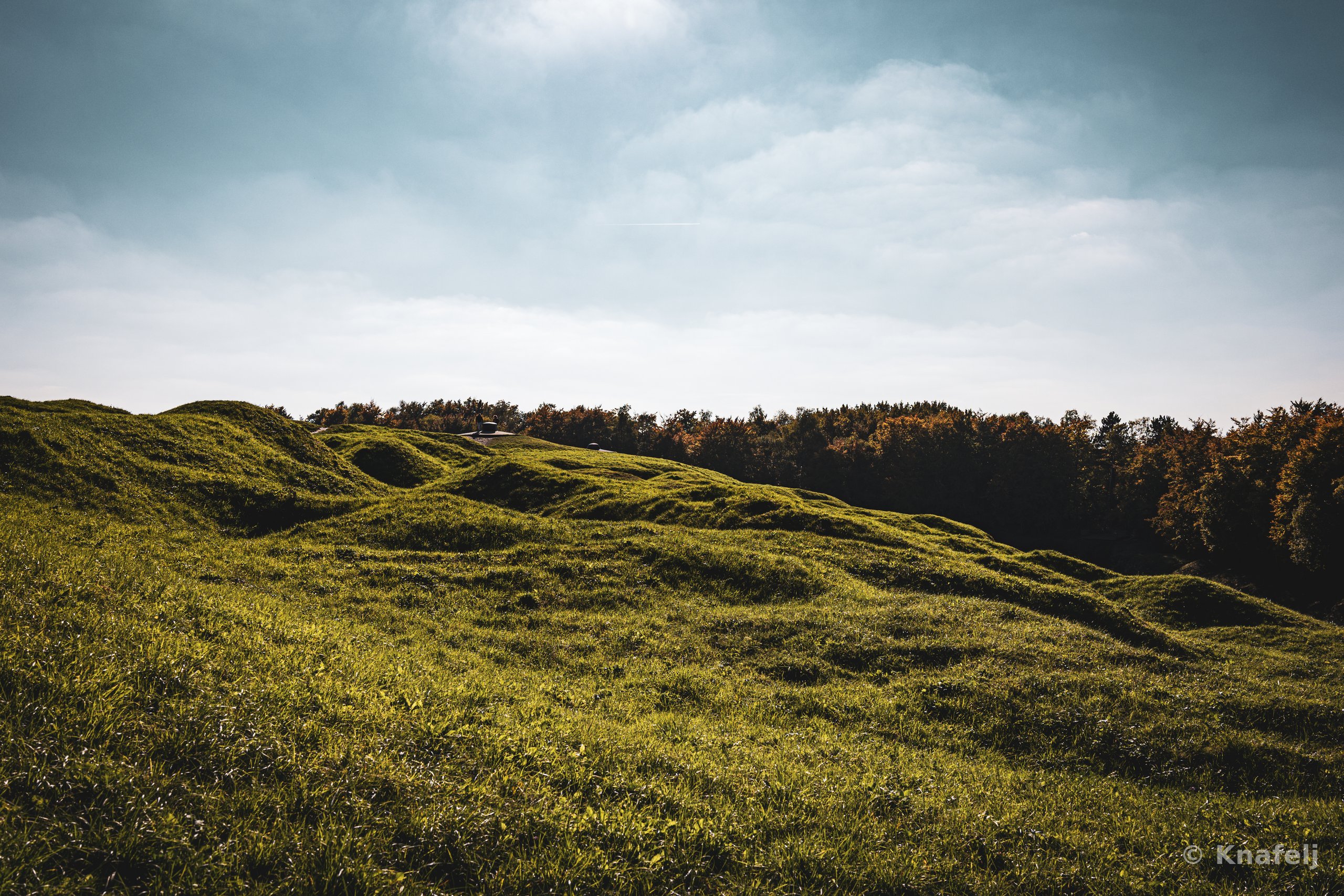 A landscape of grassy rolling hills and earthen mounds leading to a row of trees on the horizon under a partly cloudy sky.